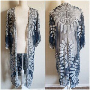 Rebellion Again Mesh Crochet Lace Open Kimono Cover Up Blue Size L Beachy Boho